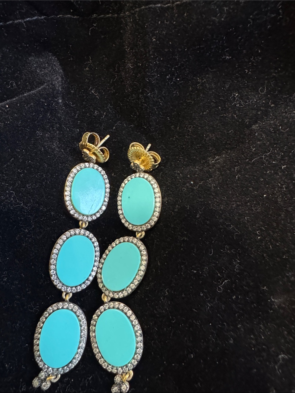 Turquoise Oval Drop Earrings with Rhinestone Halo